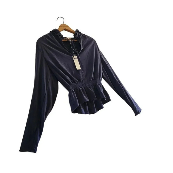 NWT Rebecca Taylor Ruffled Blouse Womens Size Small Navy Slit Neck Long Sleeve - Picture 8 of 10